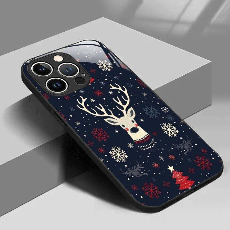 Custodia per Telefono in Vetro con Testa di Cervo e Fiocco di Neve Natalizio per iPhone 17 16 15 14 Pro Max 13 12 11 16E 17Air 7 8 Plus XR XS X Cover