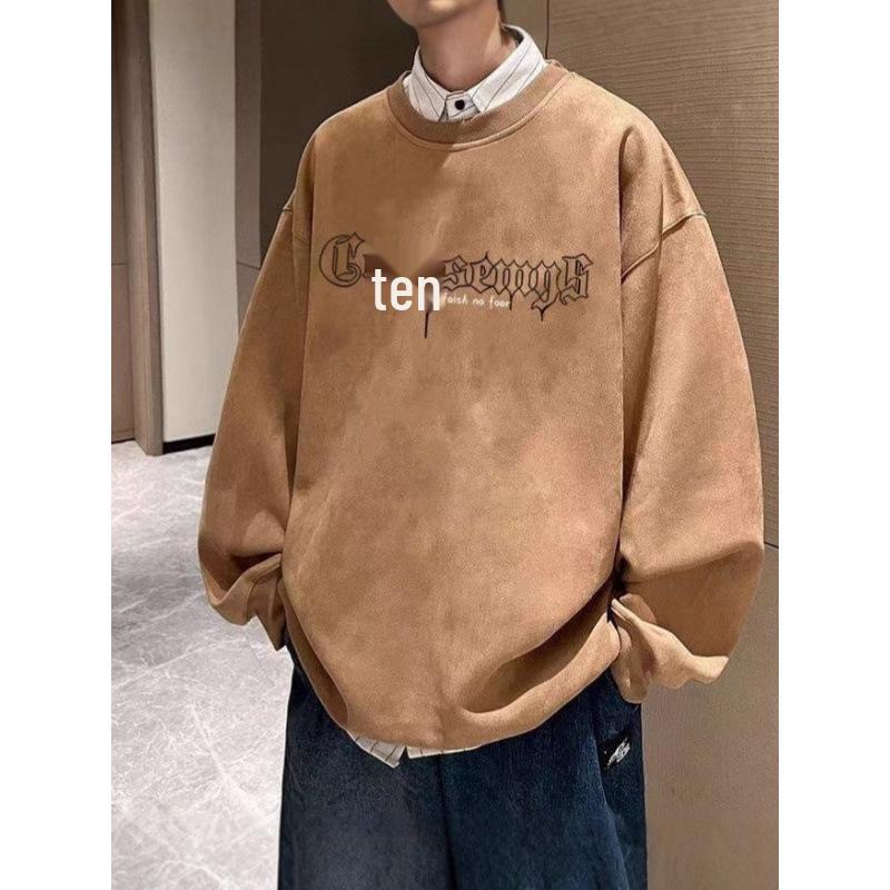 Men's Heavyweight Suede Round Neck Pullover Hoodie - 2025 Autumn/Winter Street Casual Style