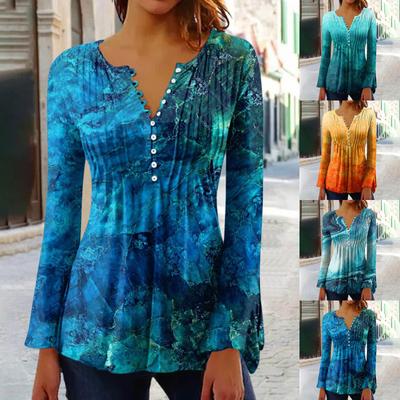 Women's Printed Bell Sleeves Button Collar Button Printed  Long Sleeves Holiday Basics Tunic Slim Tops Printed Ethnic Tops Summer T-Shirts