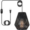 Plug-in Pendant Light,Hanging Lights Fixture With 15ft Cord On/Off Switch,Black Handwoven Rattan Basket Shade Boho Lamp for Bathroom Staircase