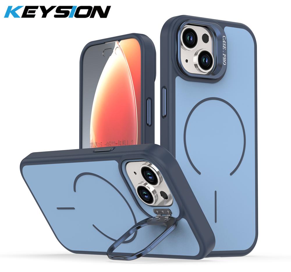 KEYSION Matte Skin Feel Lens Stand Phone Case for Magsafe for iPhone 13 14 15 Pro Max 15 Plus Magnetic Wireless Charging Shockproof Cover