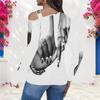 Women Plus Size Asymmetric Cutout Neck Cold Shoulder Long Sleeve Black White Printed Fitted Top