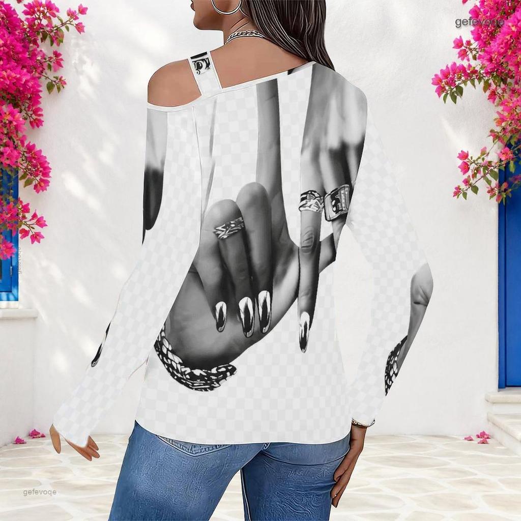 Women Plus Size Asymmetric Cutout Neck Cold Shoulder Long Sleeve Black White Printed Fitted Top
