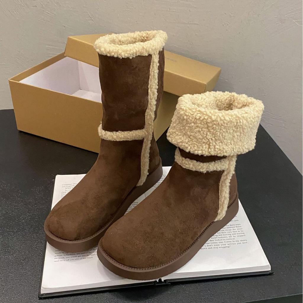Umklappbare Schneestiefel Damen neu Winter ausländischer Stil zwei Tragevarianten rutschfest warm mittelhochschaftig kurze Stiefel Samt Nordost große Baumwollschuhe