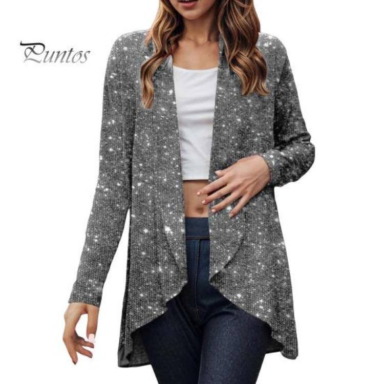 

Sequin Lady Coat Formal Business Jacket Solid Color Long Sleeves Cardigan Open Stitch Irregular Hem Office Commuting Outerwear 2XL срібний