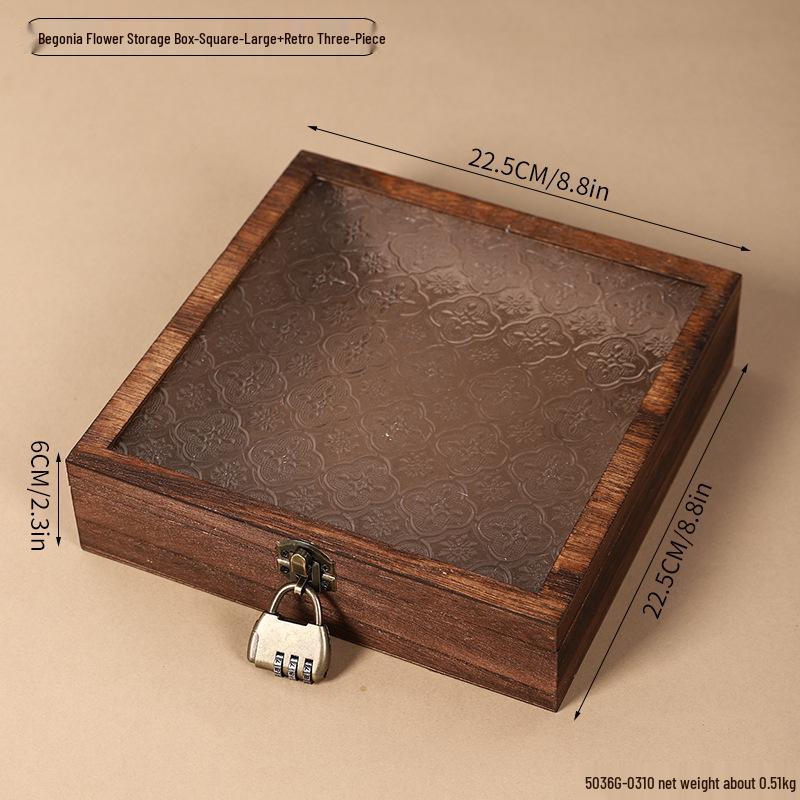 Retro Begonia Glass Lid Wooden Storage Box for Cosmetics, Snacks, Candy, and Documents - Dustproof and Multifunctional