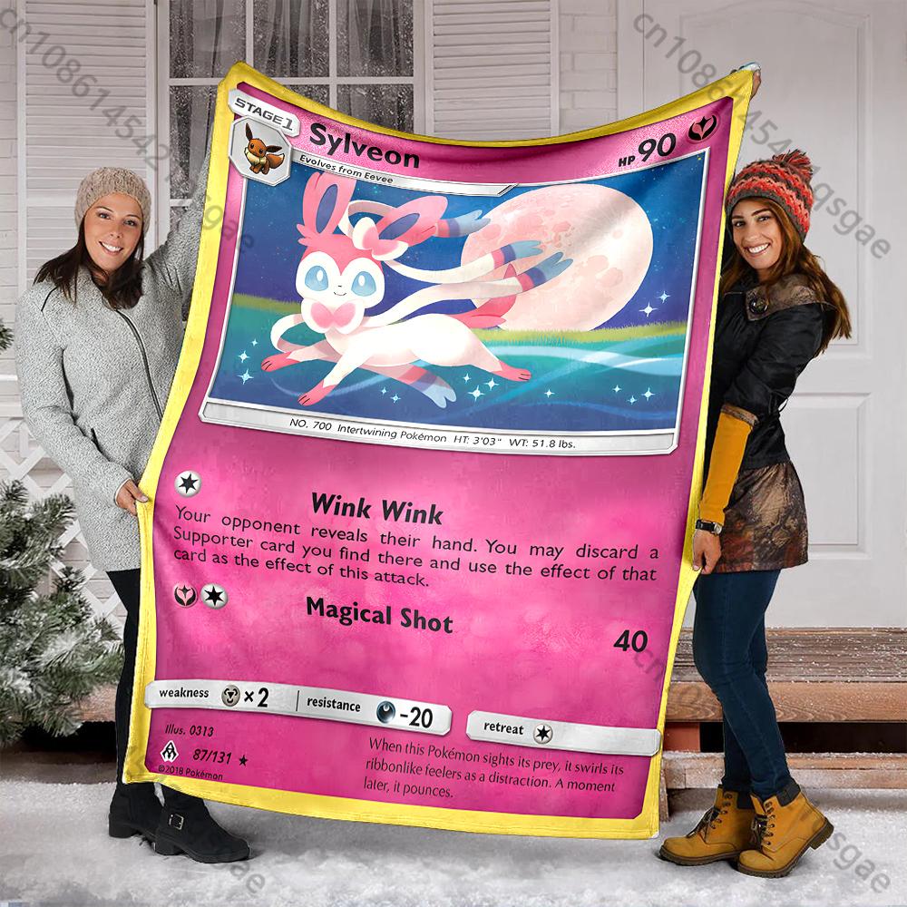 Cartoon Pokemon Cards Sylveon Printed Blanket Flannel Fluffy Soft Blanket for Adult Kids Plush Sofa Home Car Camping for Gifts