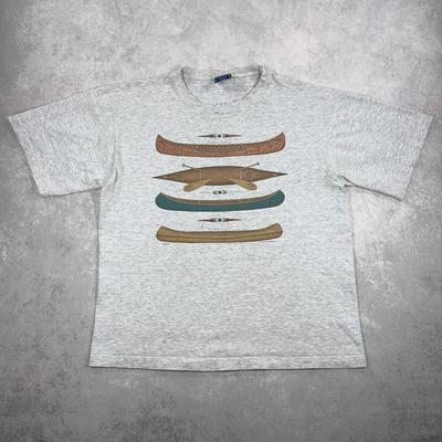 Vintage Harborside Graphics Canoe T-Shirt and Kids Tshirt - 1990s Nature Graphic Tee, Grey Heather, Medium