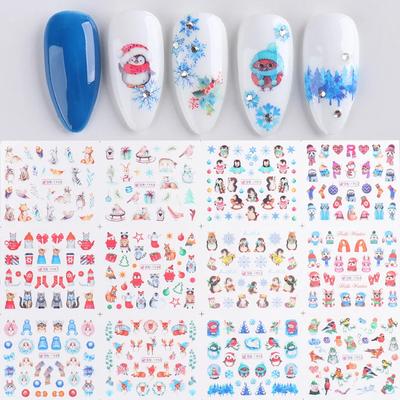 12Tips/Sheet Cute Christmas Nail Stickers Cartoon Animal Design Penguin Bird Elk Winter Sliders Water Decals Decoration