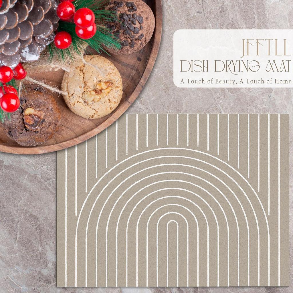 Boho Abstract Dish Drying Mat, Modern Minimalist Neutral Lined Absorbent Dish Drainer Reble Washable Drying Mat Pad for Kitchen Counter, Boho Kitchen