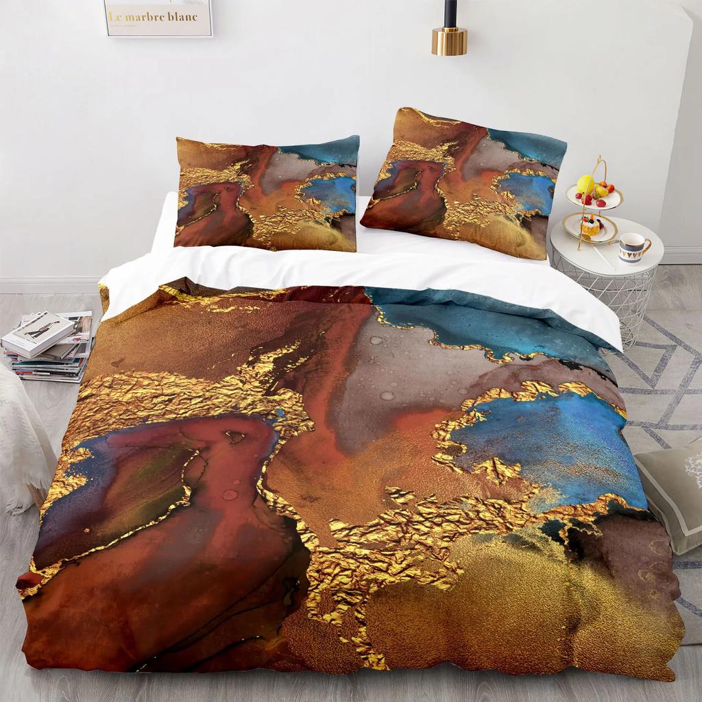 Modern Gold Blue Marble Soft Duvet Cover Women Kid Gift Gliter Abstract Marble Luxurious Ink Plus Wash Art Theme Bedrom Decorations