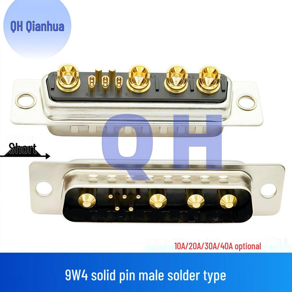 Gold-Plated 9W4 Male/Female Solid Pin High Current D-Sub Connector, Solder Type Plug