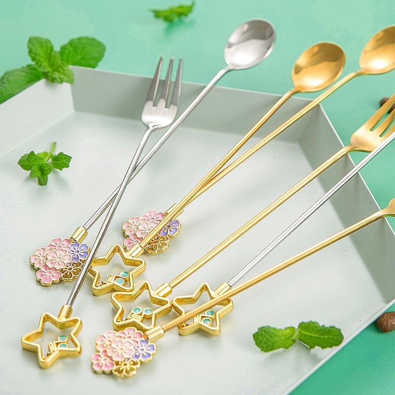1 Pcs Cherry Blossom Spoon Fork Stainless Steel Coffee Spoon Kitchen Star Long Handle Stirring Spoons Kitchen Coffee Tableware