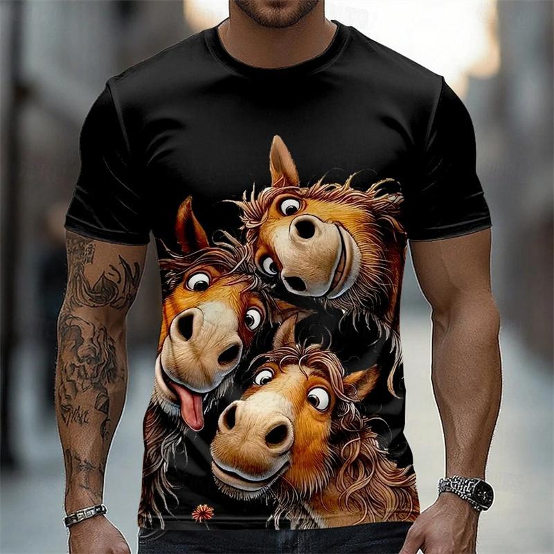 Cartoon Anime Horse Graphic T-shirt For Men Funny Casual 3D Animal Print O-neck Breathable Tee Shirts Summer Daily Leisure Tops
