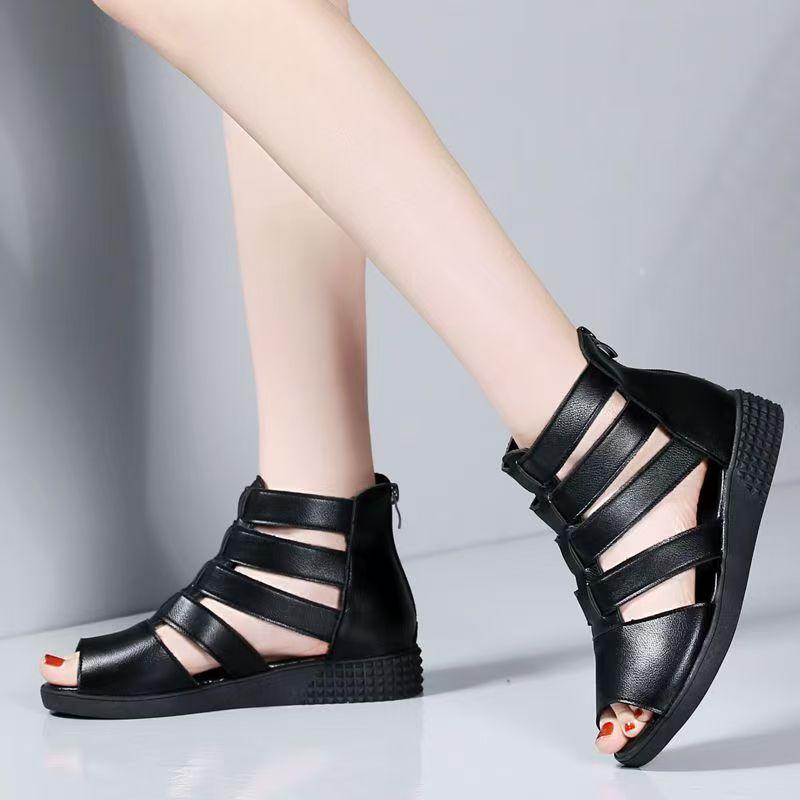 Women's Big Size Leather Hollow Out Wedges Peep Toe Sandals Summer New Soft Sole Non Slip Breathable High Top Zippers Cool Boots