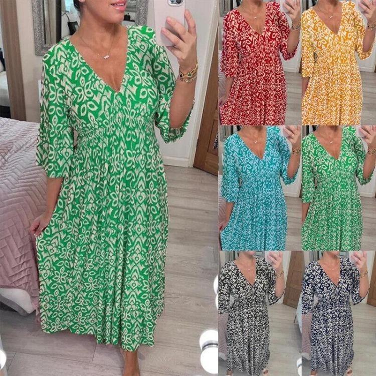 Sommer-Maxikleider für Damen Übergröße Floral Locker V-Ausschnitt Lässig Urlaubs-Strand-Outfit