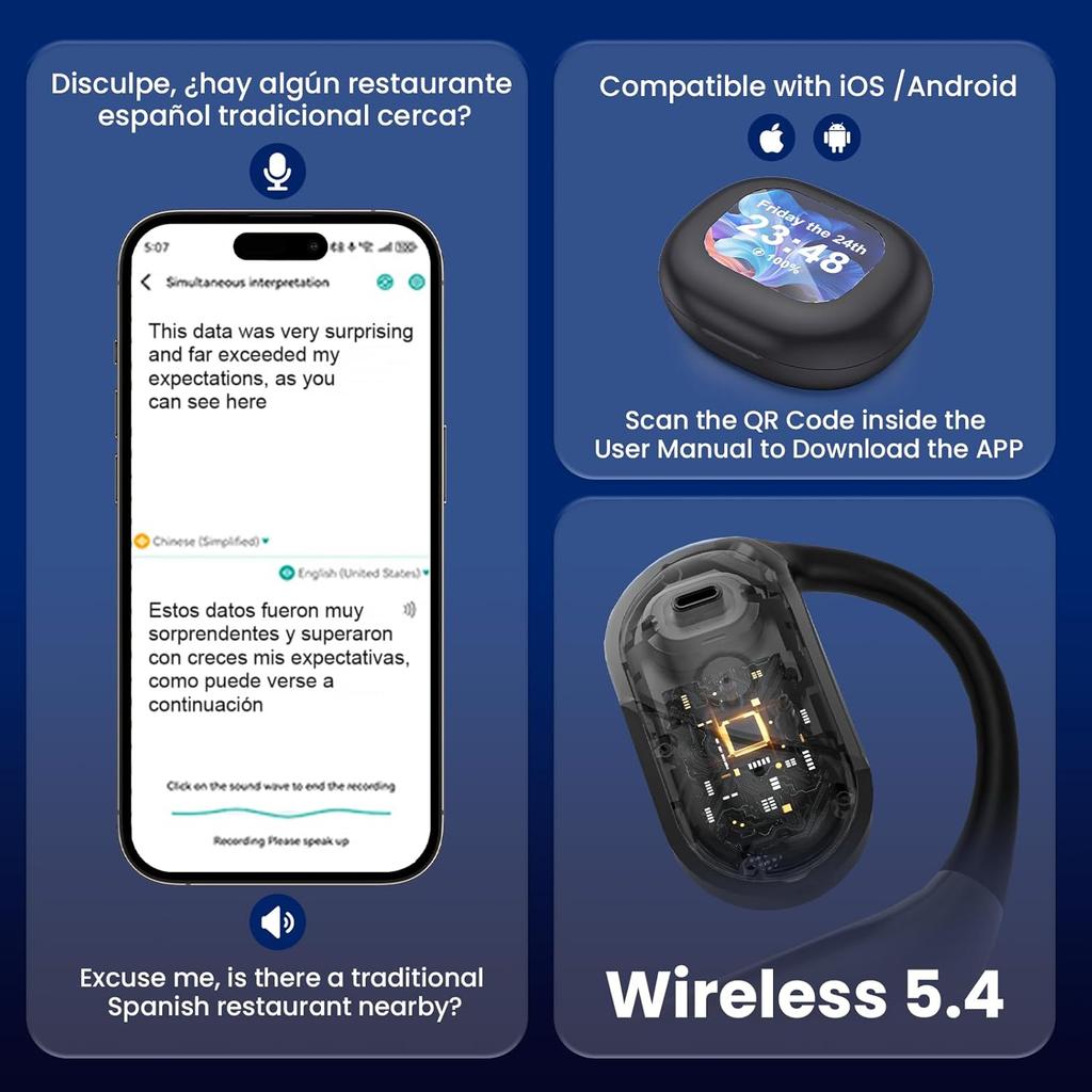 AI Language Translator Earbuds, Real-time Two-Way OWS Earbuds Support 144 Languages, Wireless High Precision Translation Headphones for Travel