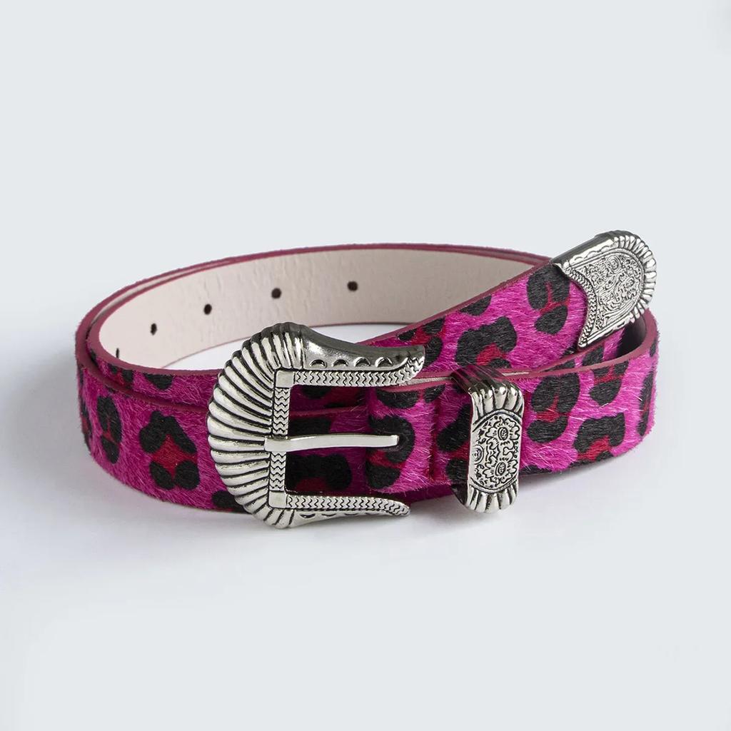 Dopamine Western Buckle Belt–European & American Retro Style Carved Design Imitation Horse Hair with Leopard Print for Fashion