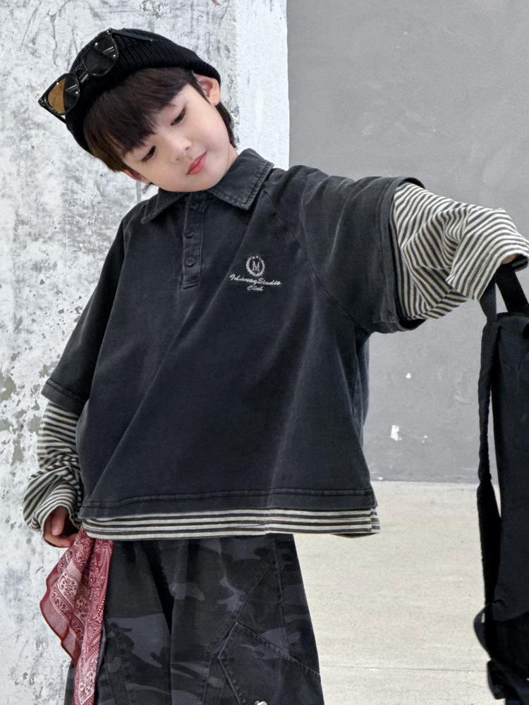 Children's Spring/Autumn Trendy Spliced Long Sleeve Polo Shirt - Casual Loose Korean Style Fake Two-Piece Pullover.