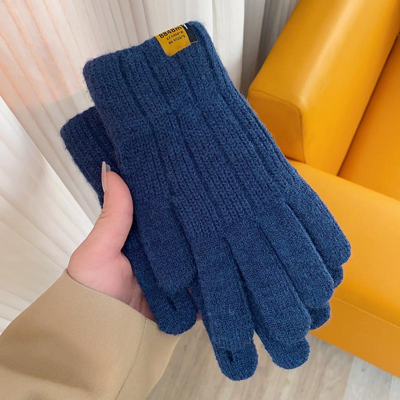Warm Gloves for Men and Women In Autumn and Winter Solid Color Simple Versatile Woolen Knitted Brushed Thickened Five Finger Split