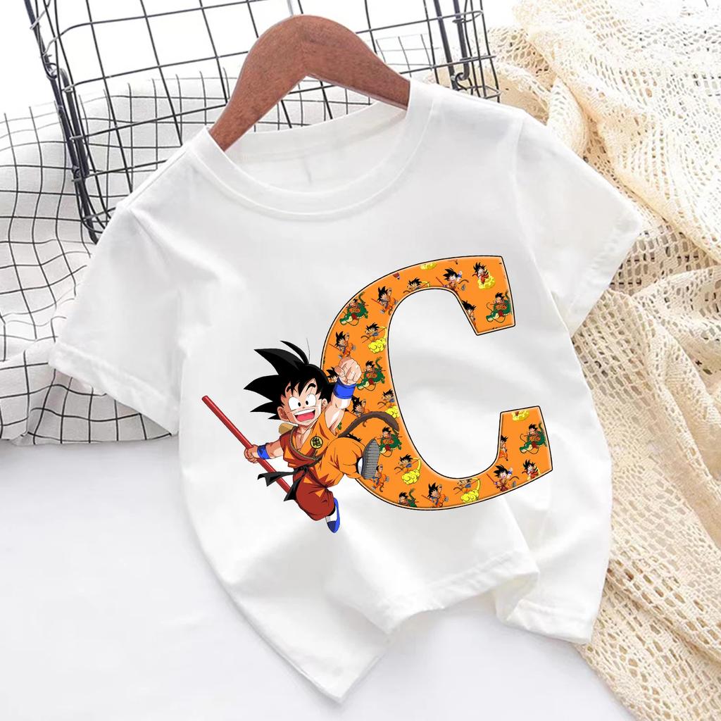 Dragon Ball Goku T-shirt Children A-Z Letter Tee Top Cartoon Summer Fashion White Short Sleeve Clothing Kids Casual Clothes Gift