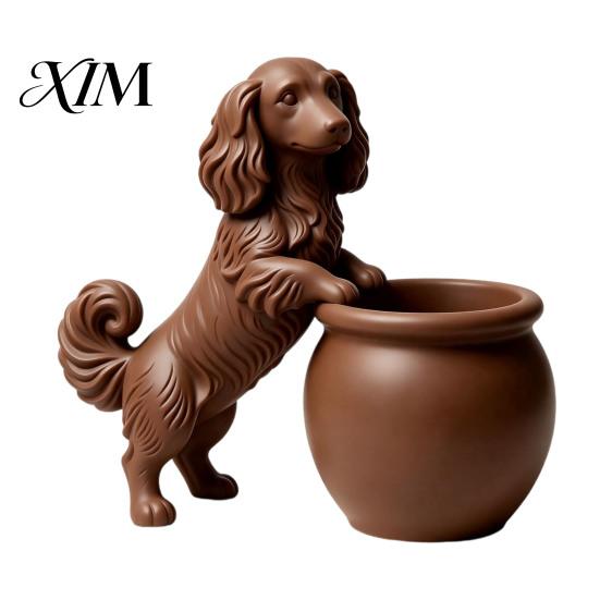 Small Herbaceous Flower Holder 3D Printed Long Haired Dachshund Planter, Cute Dog Flowerpot for Cactus Air Decorative Ceramic Look Pot Plants