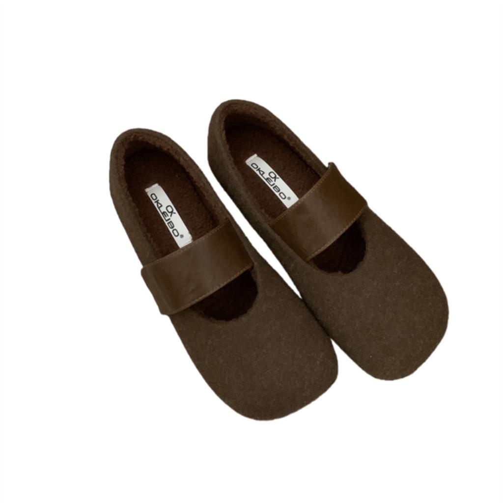 Huge Good-looking Flat-soled Shallow-mouth Single Shoes for Women's 2025 New Autumn Woolen Gray Birkenstocks Mary Jane Evening Shoes