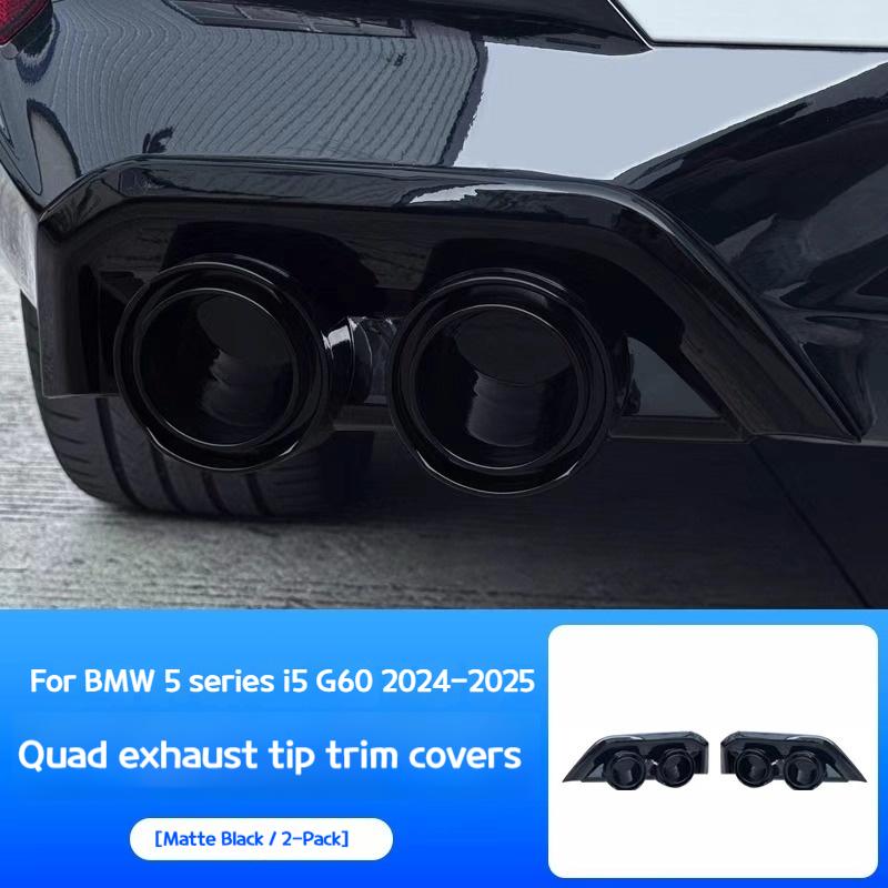 

Для BMW G60 2025-2026 Задній спойлер-губа з чотирма вихідними патрубками вихлопної системи модифіковано чорненою накладкою на вихлопну трубу чорний