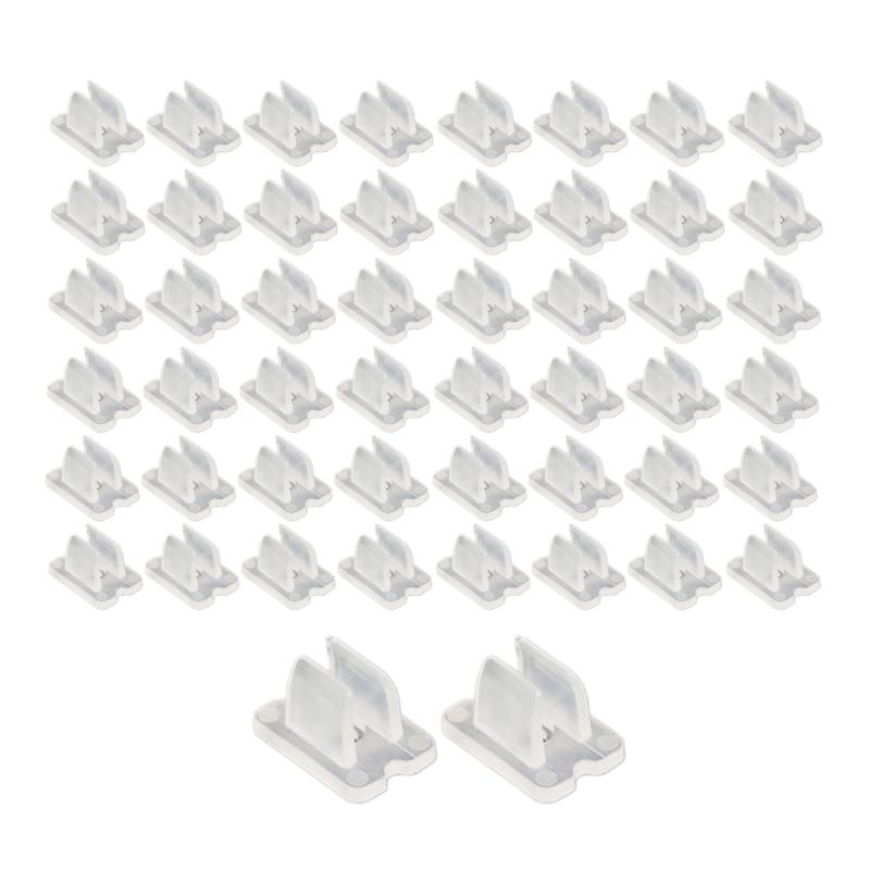 Clear LED Tape Fasteners, Plastic LED Ribbon Holders, with Two Opposing Prongs and Flat Mounting Bases for Direct Placement and Organized Routing