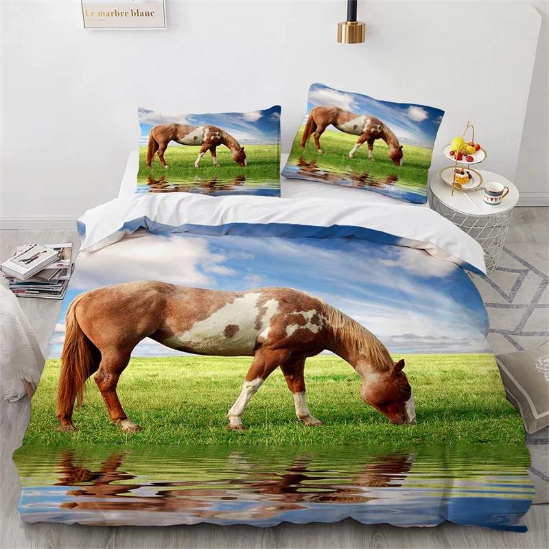 Farmhouse Horse Duvet Cover Queen Microfiber Wild Animal Bedding Set Western Cowboys Quilt Cover For Boys Teens Adults Bedroom