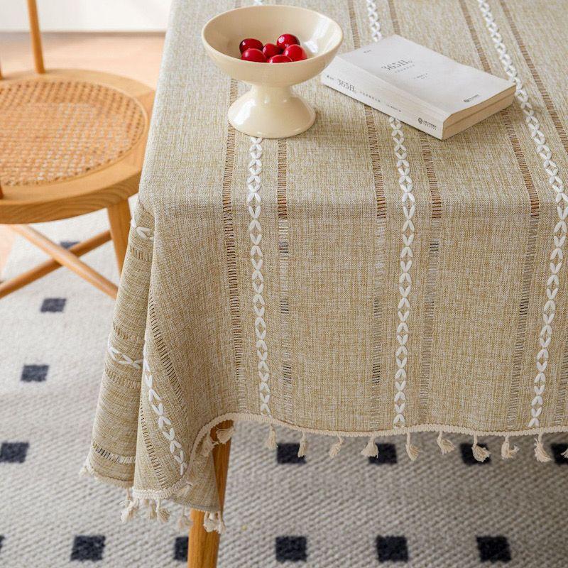 

Japanese Style Cotton Linen Retro Tablecloth Artsy round Table Coffee Table Dining Table Fabric Rectangular Tassel Tablecloth New Stripes Tassel-Caika Other lengths