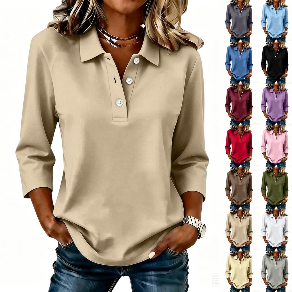 Women's Casual Button Front Polo Shirt Three Quarter Sleeve Solid Color Collared Top Lightweight Comfortable Fit for Everyday Wear