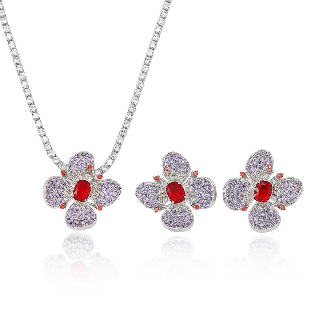 European Style Zircon Four-Leaf Petal Necklace & Earrings Set