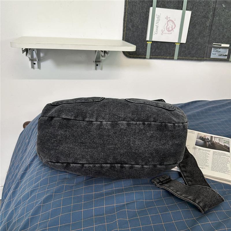 Borsa Hobo in Denim Lavato Vintage con Doppie Tasche Frontali a Pattina Borsa a Spalla Casual Morbida per Donne Quotidiana