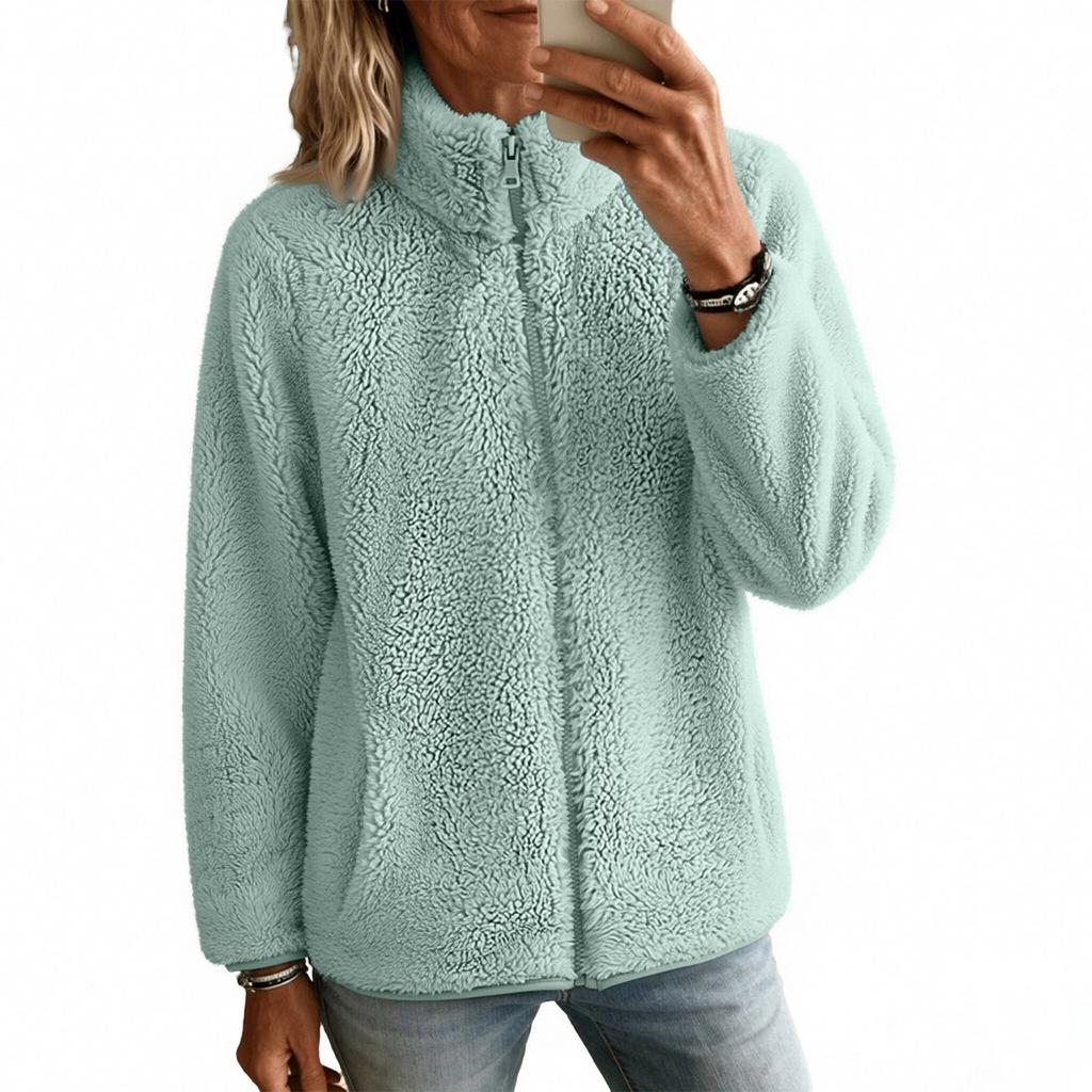 Women's Color Lined Zip Up Cardigan Jacket for Fall Winter Casual Wear