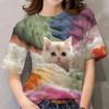 Cute women's T-shirt, cute cat print top, fashionable cartoon pattern T-shirt
