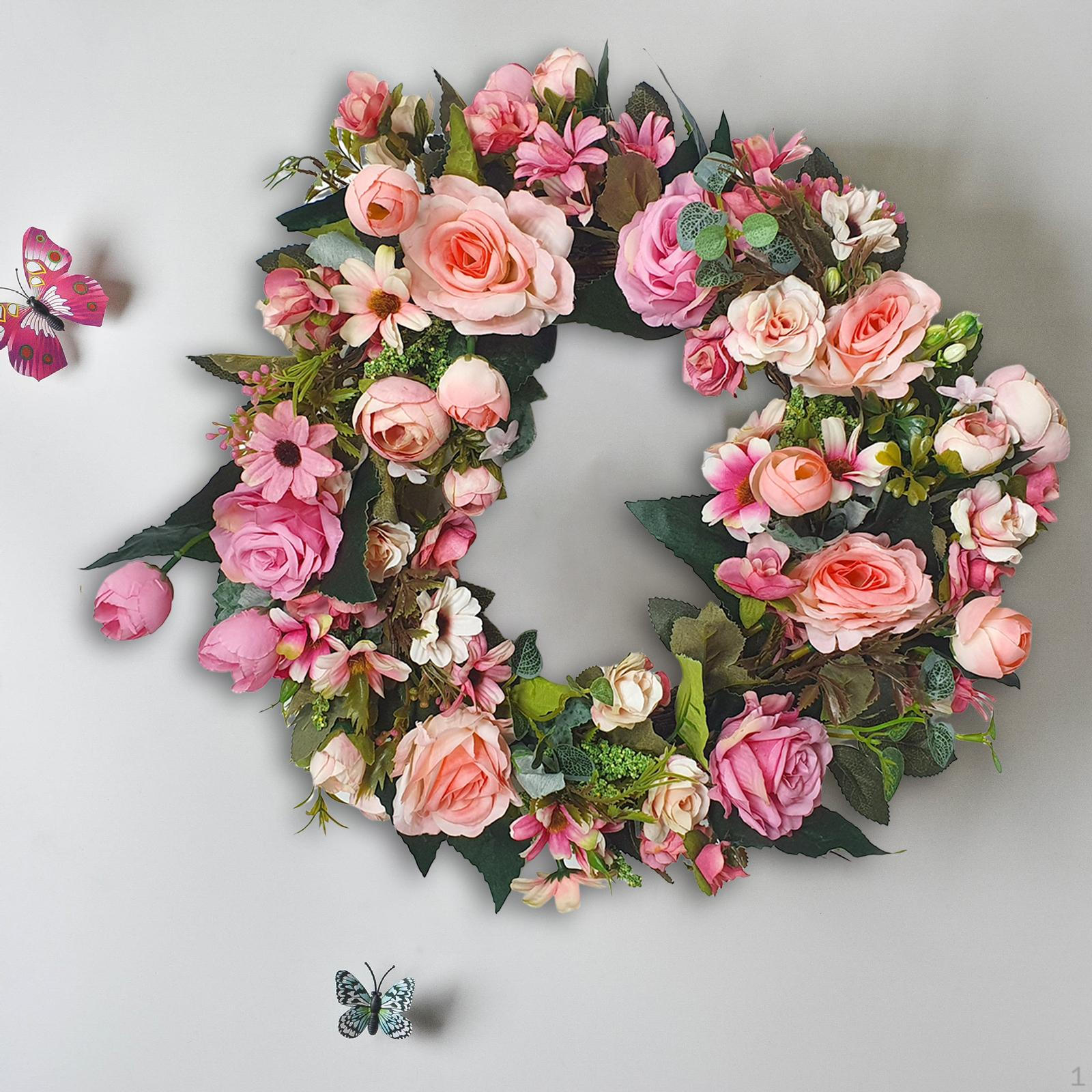 

16 Inches Rose Wreath with Green Leaves Garland for Front Door Spring Window Party Festival