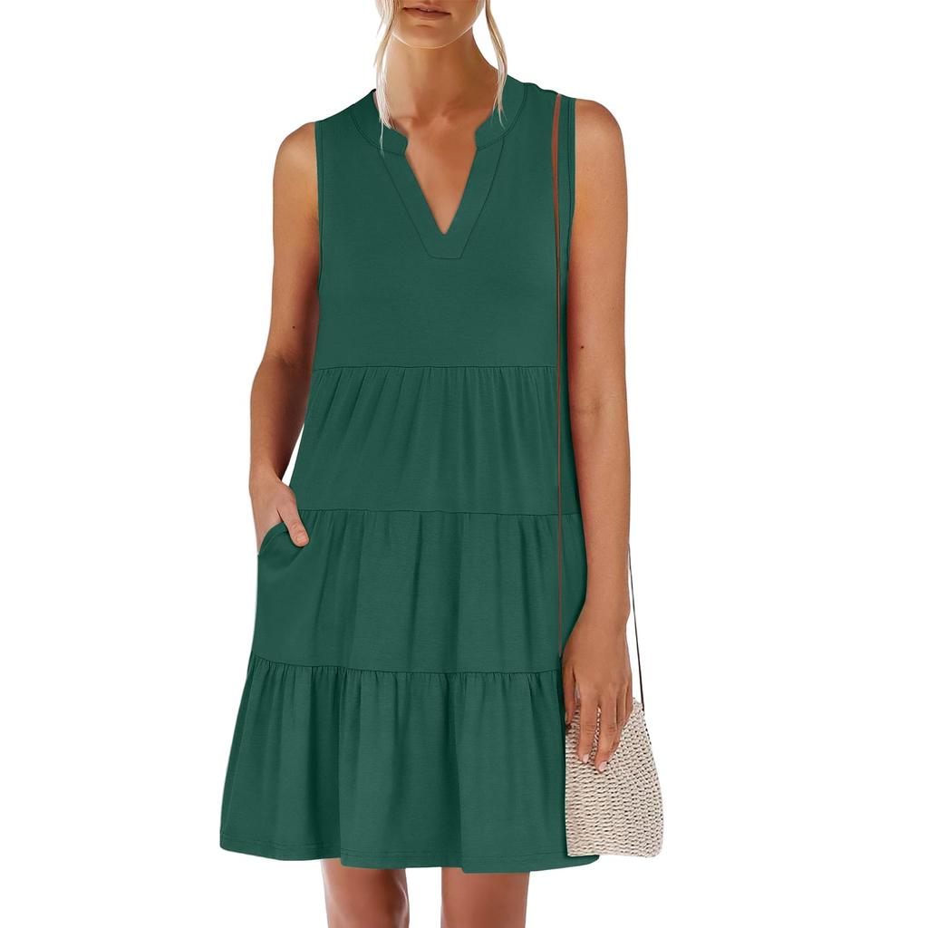 Women's Summer Fashion V-neck Sleeveless Patchwork Solid Color Casual Dresses