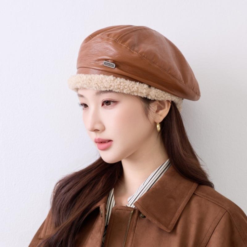 Winter neue Leder Baskenmütze Damen Lammleder grobe Kante High-End Temperament vielseitig Gesicht kleines Malerhut