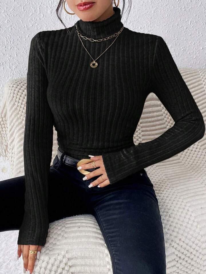 

In Stock: 2025 Autumn/Winter High Neck V-Neck Long Sleeve Ribbed Knit T-Shirt XL