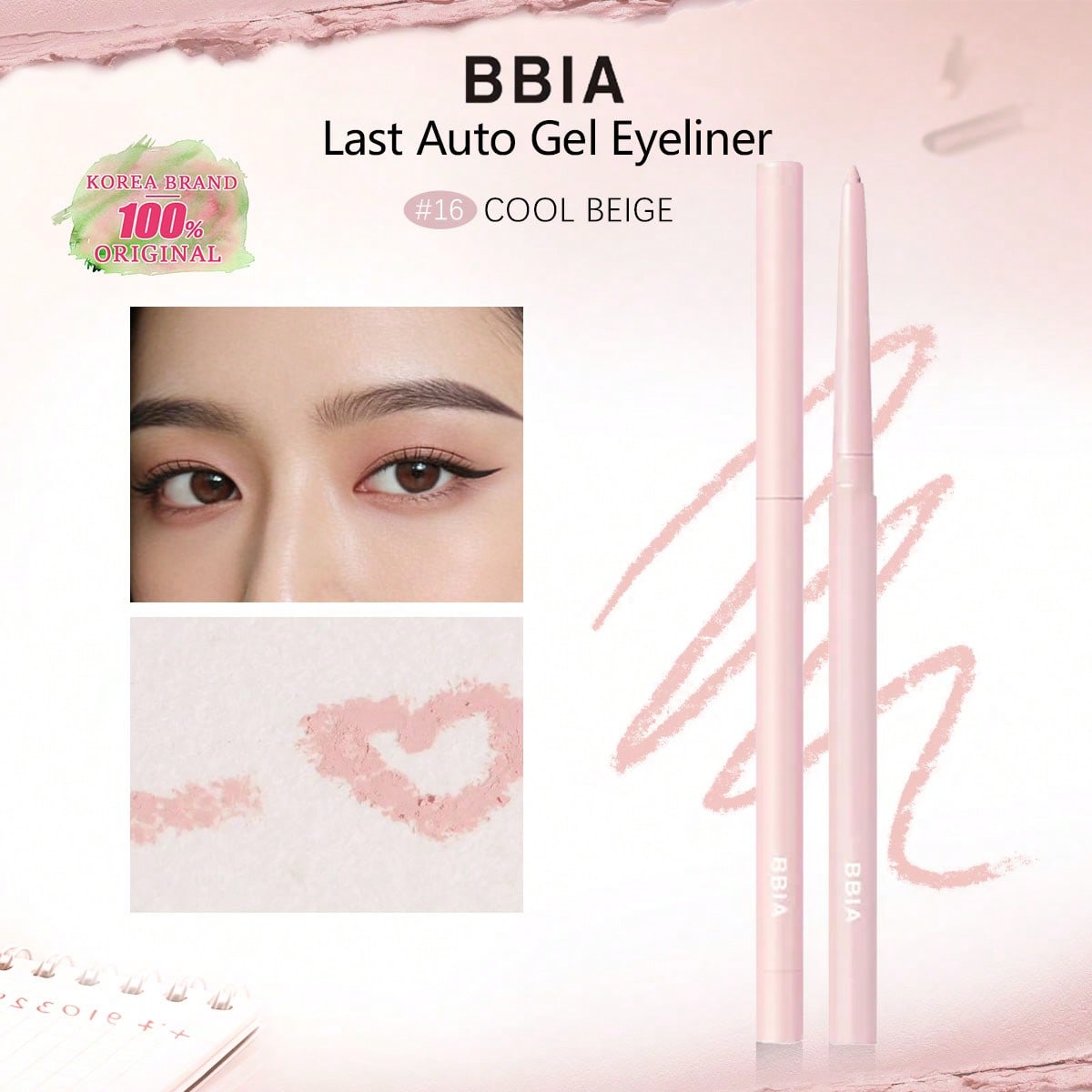 BBlA Last Auto Gel Eyeliner 12/13/16, Wasserfest Wischfest, Geschmeidige Anwendung, Feine Pinselspitze, K-Beauty, Koreanisches Make-up, 0,3g 16 COOL BEIGE