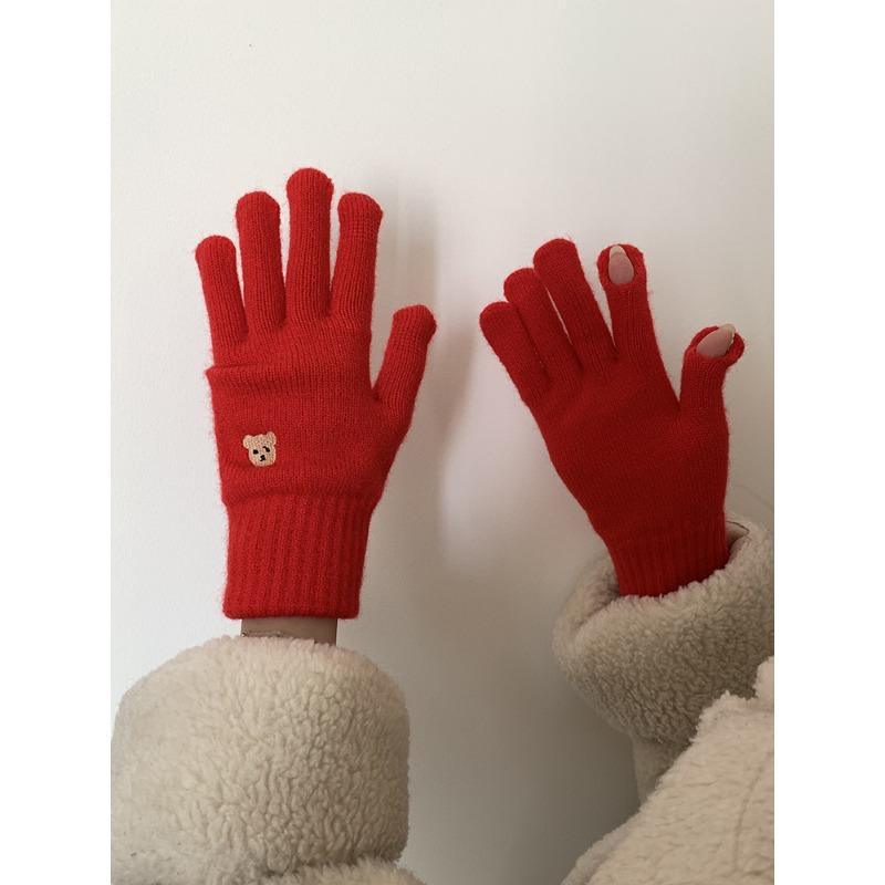 Women's Wool Gloves In Autumn and Winter Korean Cute Bear Embroidery Knitted Touch Screen Student Warm Riding Gloves Windproof
