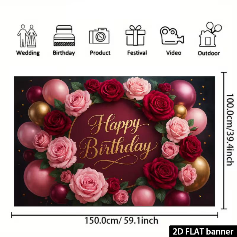 2D Flat Floral Happy Birthday Party Photo Booth Background Cloth