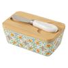 American Pastoral Style Ceramic Butter Container Box Restaurant Sealed Cheese Storage Box with Knife Bamboo Lid Butter Dish