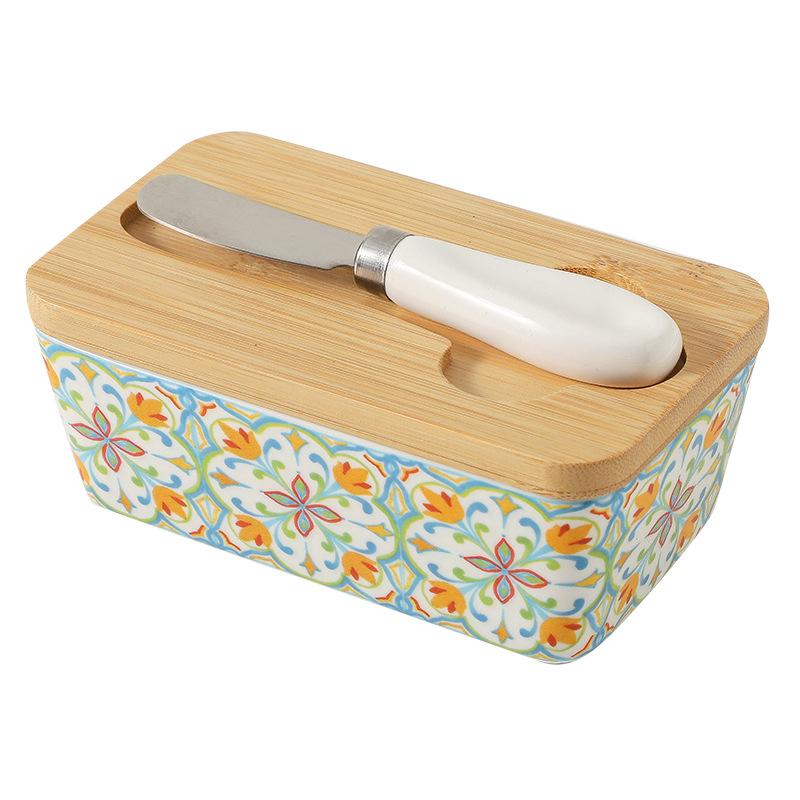 American Pastoral Style Ceramic Butter Container Box Restaurant Sealed Cheese Storage Box with Knife Bamboo Lid Butter Dish