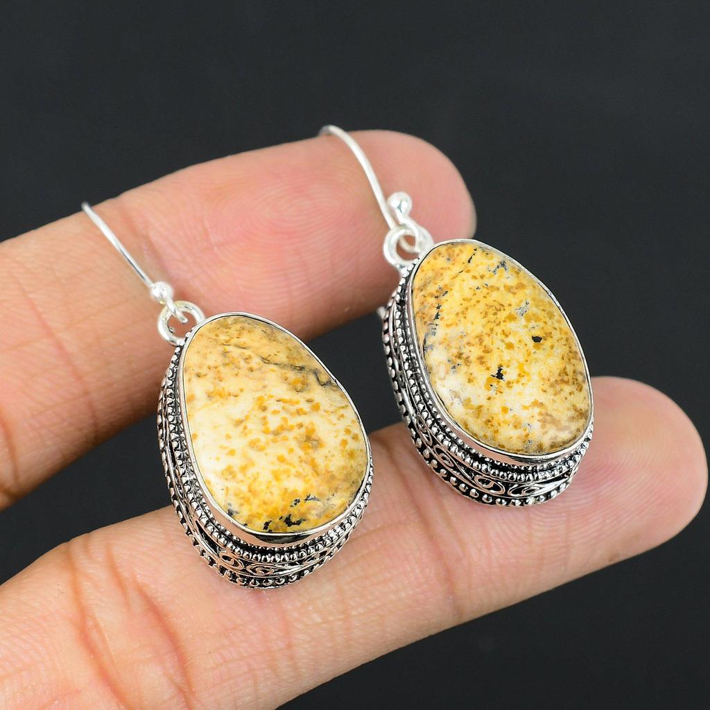 Picture Jasper Stone 925 Silver Drop Dangle Trendy Vintage Hook Earrings Jewelry