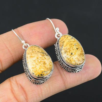 Bildjaspis Stein 925 Silber Tropfen Hängend Trendig Vintage Hakenohrringe Schmuck