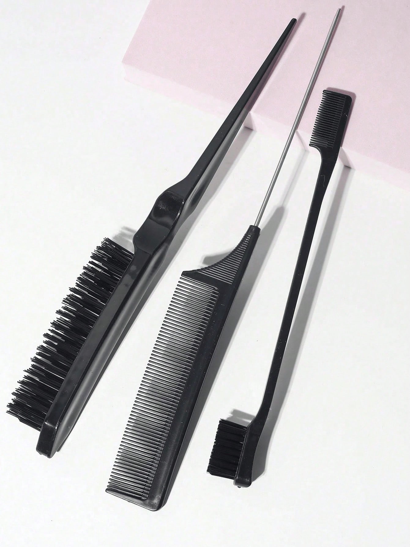 3pcs Slick Back Hair Brush Set With Edge Brush Hair Brush Rat Tail Comb Teasing Brush For Smoothing Hair & Flyaways,Hair Brush,Comb,Hair Tools, чёрный