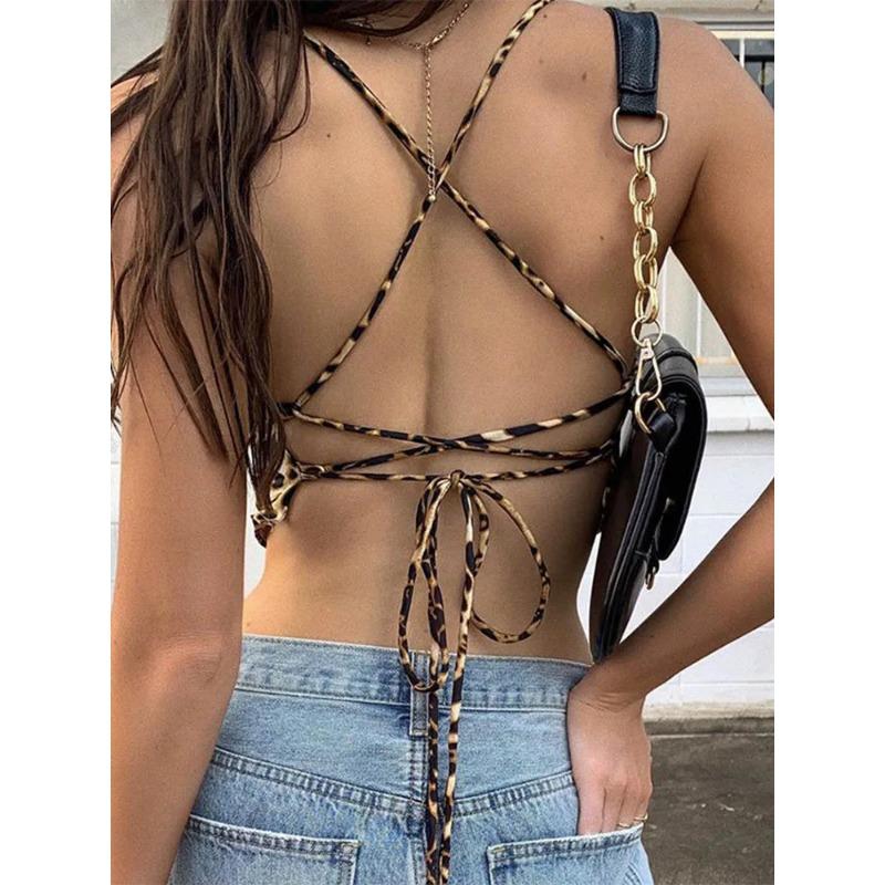 Camisetas sin mangas para mujer con estampado de leopardo, sin espalda, sexys, para rave, sin mangas, cruzadas con cordones, bralette, crop top, ropa de calle de verano