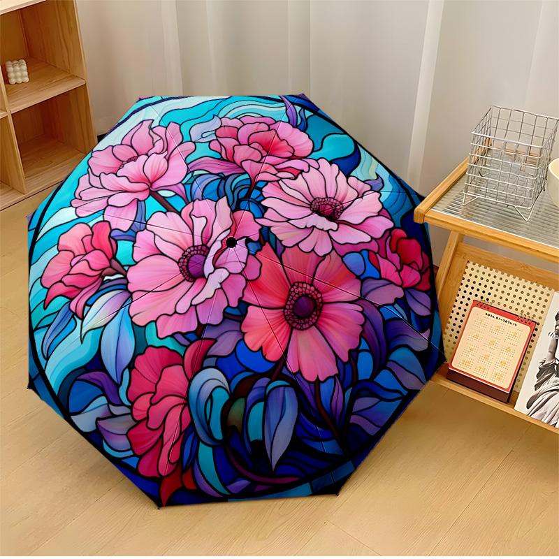 Blumenkunst-Thema Automatischer Regenschirm Kompaktes 8-Rippen-Design Stabile Konstruktion Langlebiger Regenschirm Stilvolles Accessoire